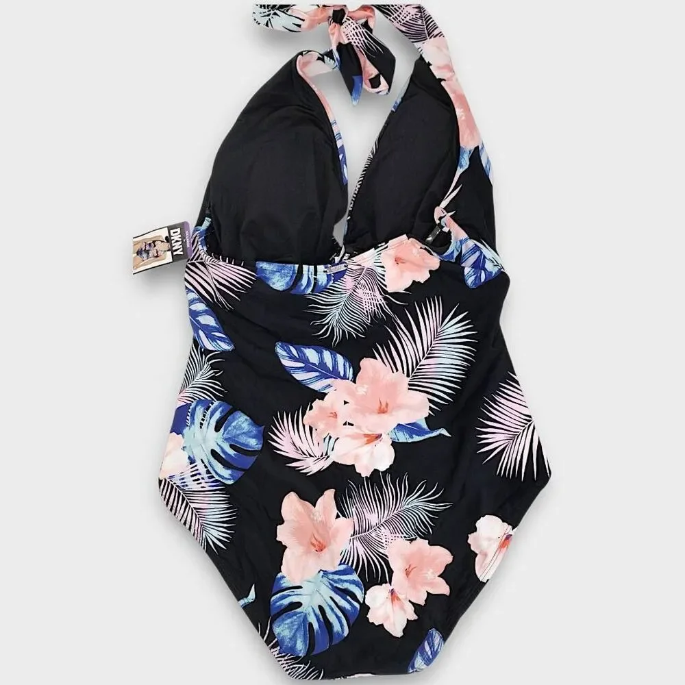 DKNY Womens Swimsuit Sz XXL Floral Navy Halter Tie High Cut Legs Ruched Tummy NW - Picture 2 of 8
